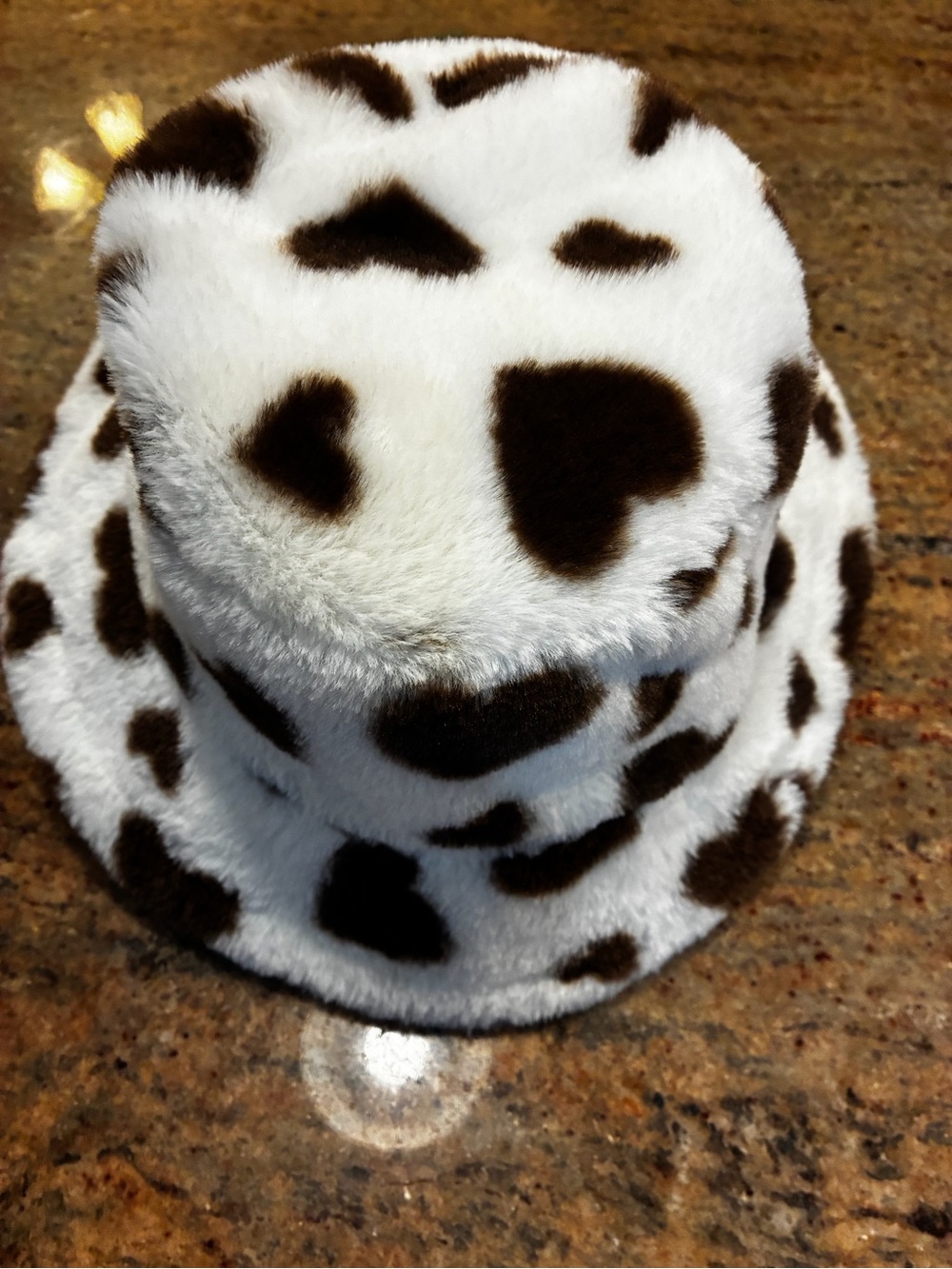 Plush white with brown spots faux-fur bucket hat, Size: OS